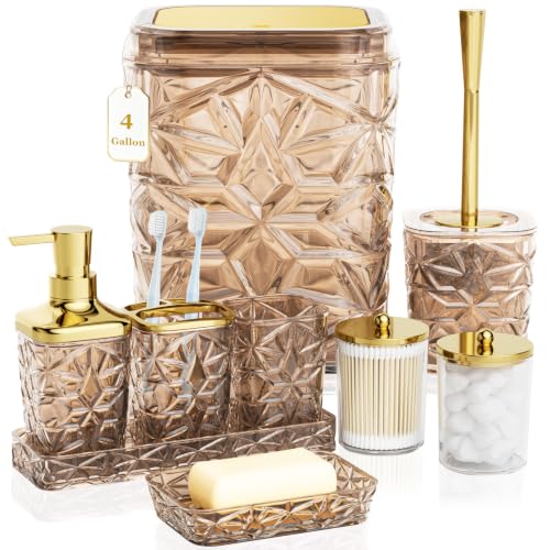 9-Piece Brown Bathroom Set with Trash Can