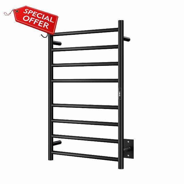 Wall Mounted Towel Warmer 8 Bars with Plug-in and Hardwired Options 3 Working Modes Black Stainless Steel 21” W 34” H