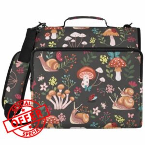 Zipper Binder Mushroom Snail Butterfly Colorful Flower Bag with Shoulder Strap 3 Ring Binder Organizer Large Capacity Multiple Pockets for School Office
