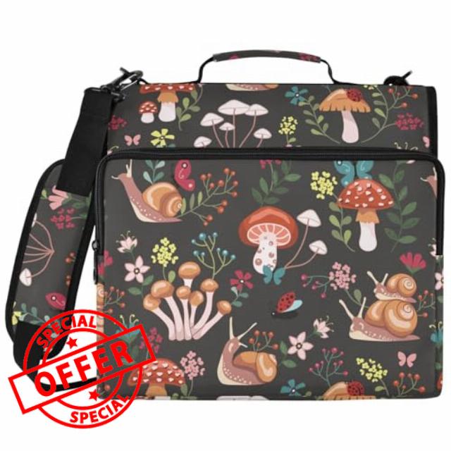 Zipper Binder Mushroom Snail Butterfly Colorful Flower Bag with Shoulder Strap 3 Ring Binder Organizer Large Capacity Multiple Pockets for School Office