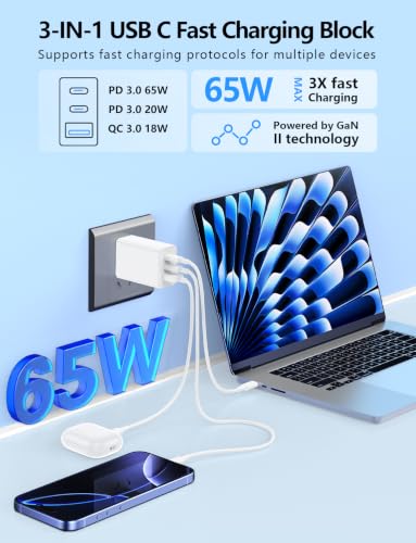 3-Port PD 3.0 GaN | Fast Charging Block with 3/6/6/10 Ft USB C Cable for iPhone 17/16/15