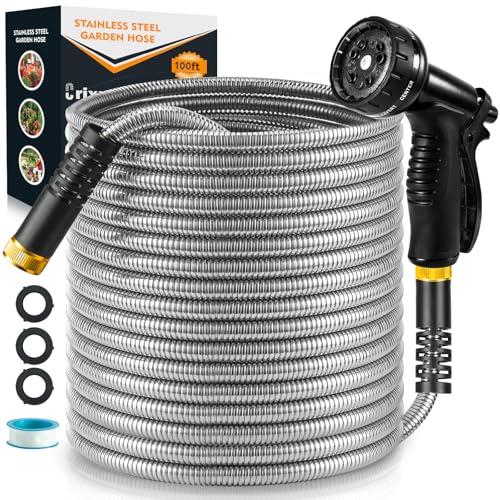 Heavy Duty Metal Water Hose 100 ft with 10 Function Nozzle
