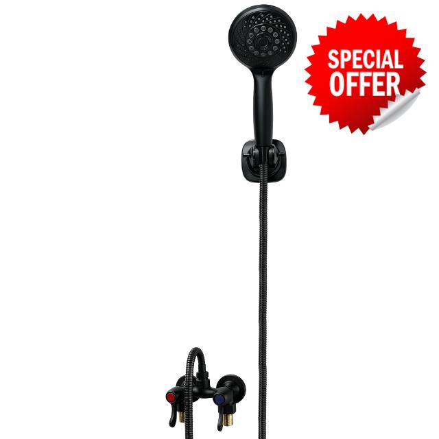 Outdoor Shower Kit Fixture Dual Handle Solid Brass 4 Inch Center Mix Valve with 59 Inch Hose and Showerhead Outdoor Shower System with ABS 6 Spray Mode Handheld Matte Black
