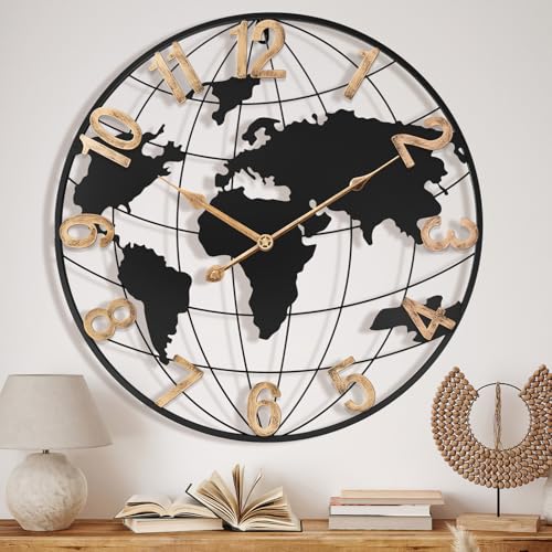 Big Modern Decorative Silent Metal World Map Wall Clock with Vintage Gold Arabic Numeral for Office