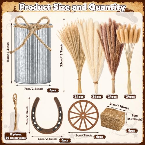 Rodeo Party Decor with Farmhouse Vases Pampas Grass Mini Hay Bales Wheels & Horseshoes
