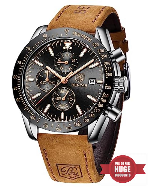 BENYAR Watch for Men Analog Quartz Chronograph Waterproof Luminous Designer Mens Wrist Watches Business Work Sport Casual Dress Watch with Silicone Strap Elegant Gifts for Me