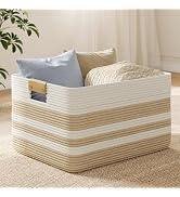 Nunsino 115L Woven Blanket Basket with Leather Handles, Cotton Rope Laundry Basket Hamper,Decorat...