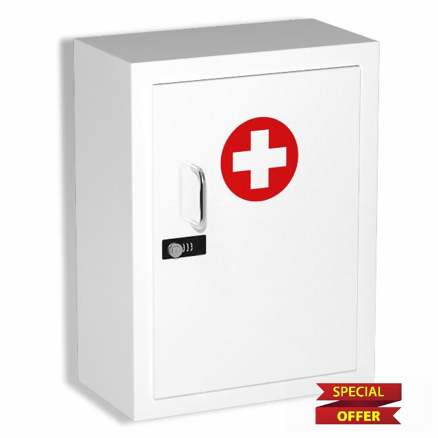 Locking Medicine Cabinet Wall-Mount: Storage Cabinet with Combination Lock & Key - White Metal First Aid Kits for Family Safety and Childproofing