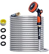Rosy Earth 50ft Stainless Steel Garden Hose, Heavy Duty Metal Water Hose with 8 Functional Ultra-...