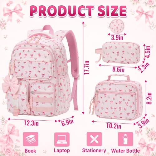 4 PCS Corduroy Pink Bow School Bookbag for Girls