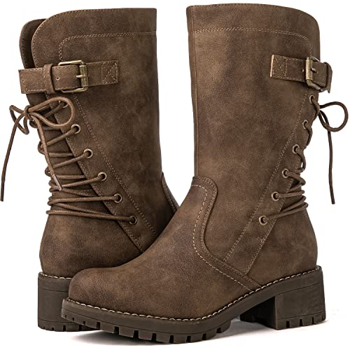 GLOBALWIN Women's Biker Boots Lace up Back Mid Calf Motorcycle Fashion Festival Boots Combat Riding Military Boots for Wome
