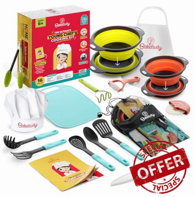 Baketivity Kids Cooking Set Real Utensils With Kitchen Tool Guide - Complete Junior Cooking Set Gift For Girls Or Boys With Mixing Bowls