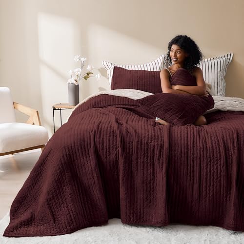 Queen Size Burgundy Soft Fluff Texture Coverlet with Shams