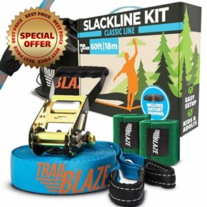 Complete Ninja Slackline Kit - 60ft Slack Line for Backyard for Kids & Adults - Wider Tree Protectors Slackline Kit for Ninja Warrior Obstacle Course for Kids Outdoor Playset (Essential Kit - Blue)