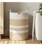 Nunsino 96L Woven Blanket Basket with Leather Handles, Cotton Rope Laundry Basket Hamper,Decorati...