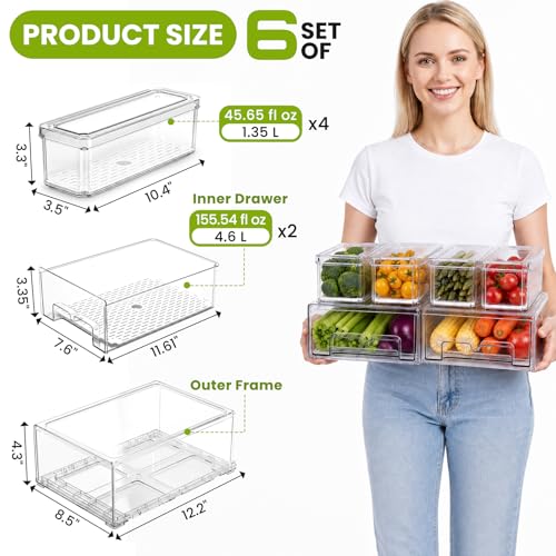 2 Pull Out Fridge Organizers and 4 Storage Container with Drain Tray for Fruits