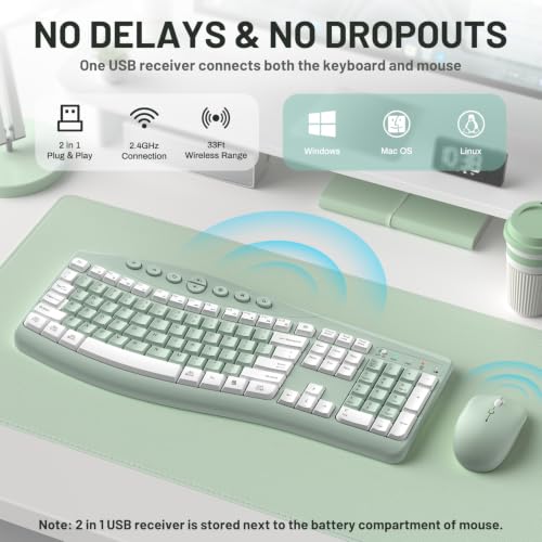 2.4G Full Size Ergonomic Curved Silent Keyboard with Fn Multimedia Keys for Office and Home