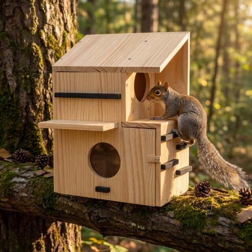Large Outdoor Squirrel Nesting Box with Dual Balconies and Acrylic Viewing Window