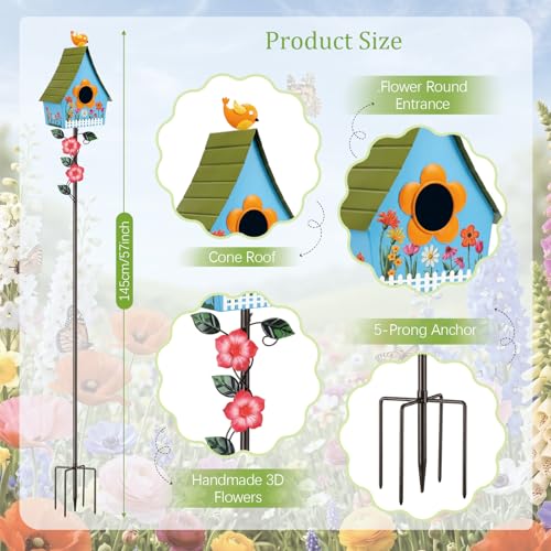 Decorative Flower Blue Birdhouse Stake Easy to Install for Attracting Birds Garden Patio Deco