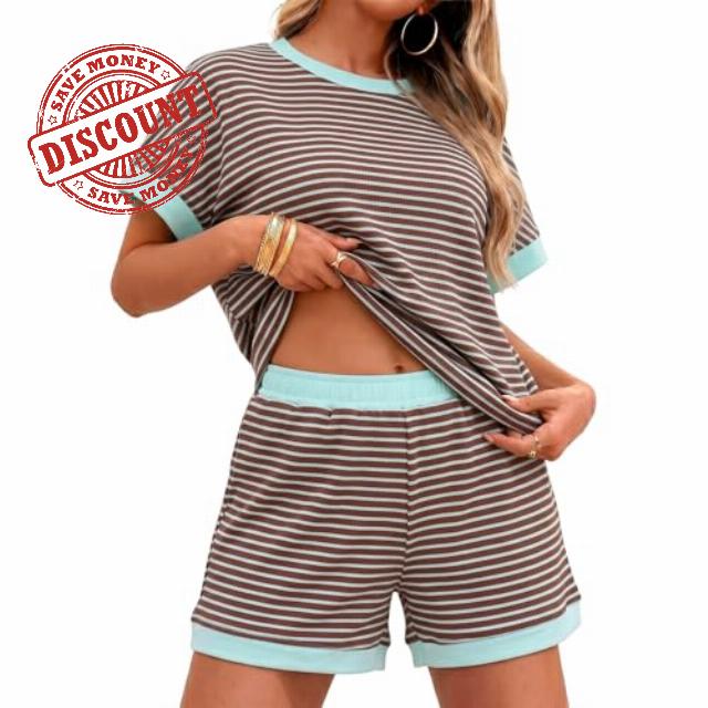 2 Piece Lounge Sets for Women Summer Striped Waffle Knit Matching Sets Loungewear Cap Sleeve Top and Shorts Sets