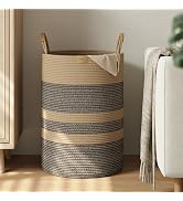 Nunsino 95L Striped Laundry Hamper with Leather Handles,Large Foldable Laundry Basket for Clothes...