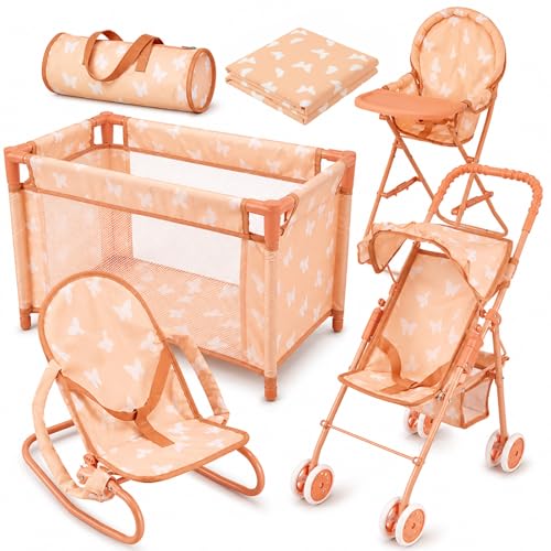 4-in-1 Baby Doll Stroller Set with Butterfly Design – Includes Toy Stroller