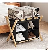 Huhote Luggage Rack for Guest Room, Folding Suitcase Stand with Fabric Storage Shelf, Upgraded Ba...