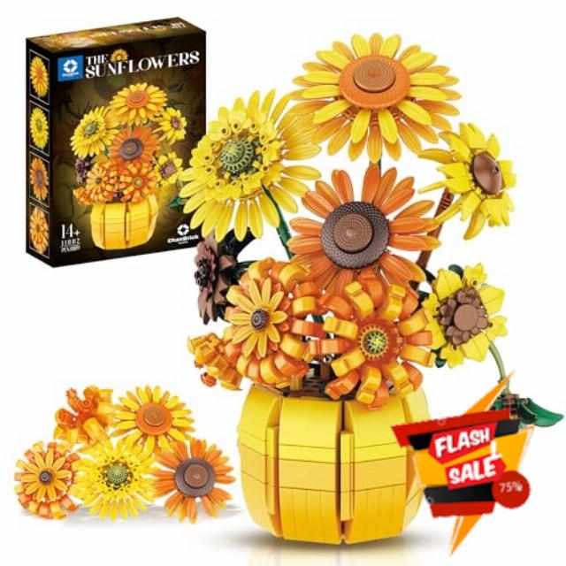 chanbrick Sunflower Building Set Flowers with Vase Botanical Collection for Adult -1009pcs Gifts for Mothers Day Compatible with Lego