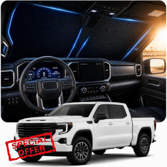 [2026 Upgraded] DooGooCoo Windshield Sun Shade for GMC Sierra 1500 2500 3500 2014-2025 2026 [Cooling Ice-Crystal