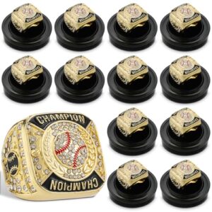 Landical 12 Pcs Baseball Championship Rings Ball Games Championship Trophy Rings Sport Ball Award Gift with Display Neck Chain and Stand for Tournament or Champion Winne