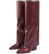 Vaslemuse Knee High Boots for Women Fold Over Pointed Toe Shark Tall Boots Block Low Heel Long Bo...