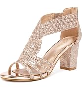 Gufobela Women's Rhinestone Sparkly Chunky Block Heel Sandals Open Toe Dressy Shoes with Zipper C...