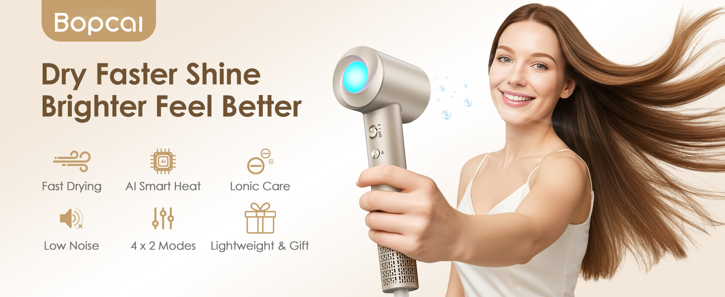 Bopcal ionic hair dryer with fast drying, smart heat control, and low noise design.