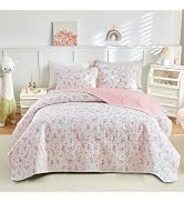 Joyreap 3 Pieces Cotton Quilt Set Queen, Pink Flower Stripes Boho Design for Girls, Cozy Lightwei...