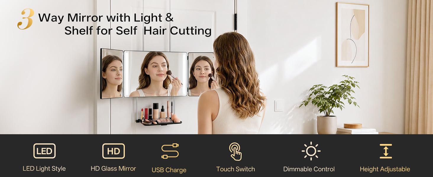3 way mirror with led light and shelf for self hair cutting