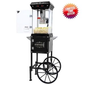 Popcorn Machine Maker With 8 Oz Kettle Makes Up to 32 Cups Popcorn Machine Cart Vintage-Style Popper on Wheels Popcorn Machines for Home (Black)