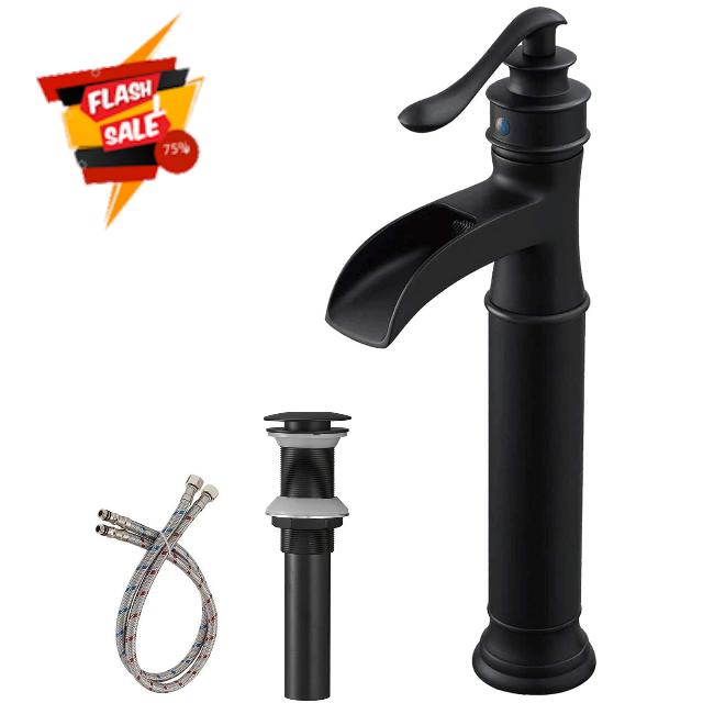 BWE Vessel Sink Faucet Waterfall Matte Black with Pop Up Drain Without Overflow and Supply Lines
