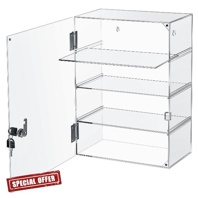 Barydat Acrylic Display Case with Lock Key Countertop Display Case Clear Showcase Display Cabinet Multi Functional Safe Storage Box for Retail Store (Removable 4 Tier