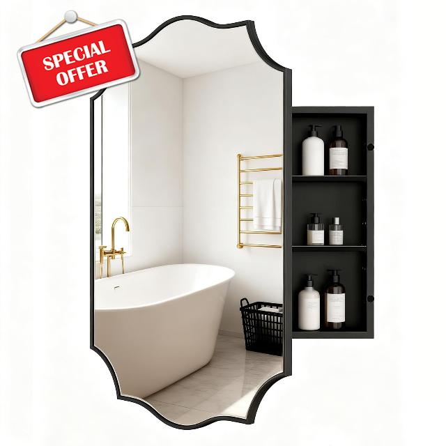 Black Scalloped Edge Vintage Medicine Cabinet Mirror