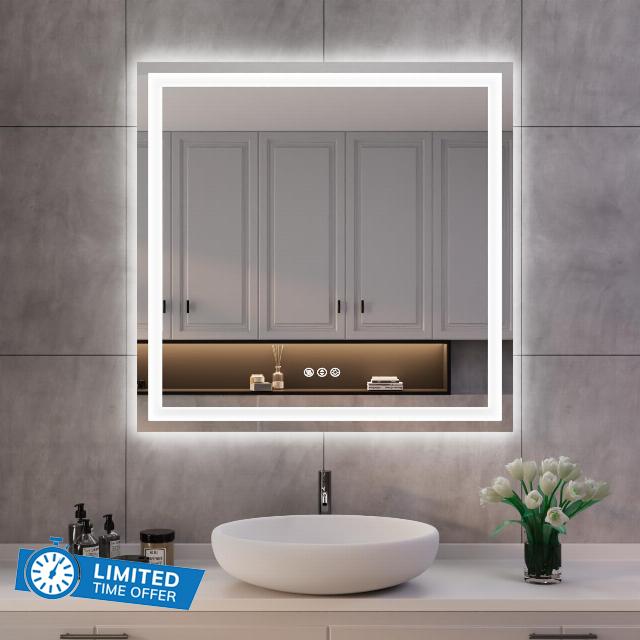 ISKM 32'' x 32'' LED Mirror for Bathroom Lighted Vanity Mirror for Wall Front Lights + Backlit LED Bathroom Mirror Anti-Fog Tempered Glass ETL Listed