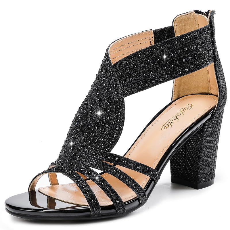 Women's Rhinestone Sparkly Chunky Block Heel Sandals Open Toe Dressy Shoes with Zipper Closure for Wedding Prom Homecoming Hoco Formal Events