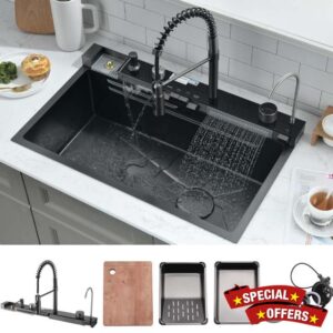 30 Inch Black Waterfall Kitchen Sink with Pull-Out Faucet Combo- Wesliv 30x18 Waterfall Sink Digital Display Smart Honeycomb Black Kitchen Sinks Deep Single Bowl with Accessories