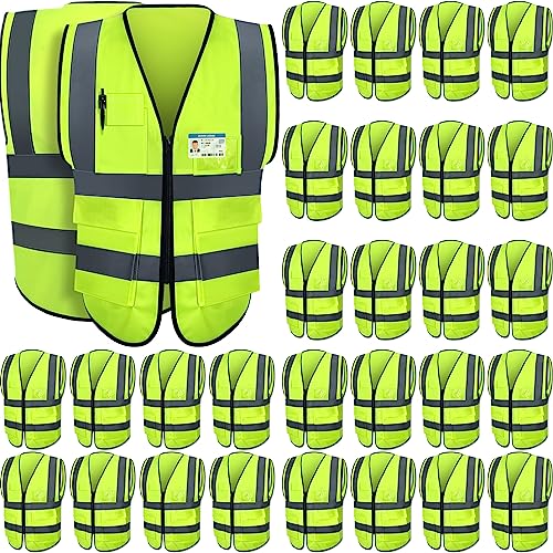 Leumoi 30 Pack Reflective Safety Vest with Pockets and Zipper High Visibility Vest for Women Men Work