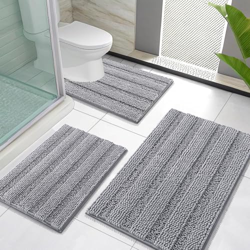 Absorbent Chenille Striped Bath Mats and U-Shaped Contour Toilet Rug