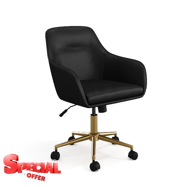 Martha Stewart Rayna Swivel Task Chair with Flared Arms for Home Office in Black Faux Leather with Polished Brass Frame