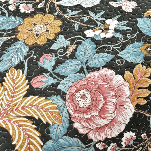Black & Blue - Cotton Bedding Set - Black Floral Quilt - Cottage Decor - Bedding Queen Size