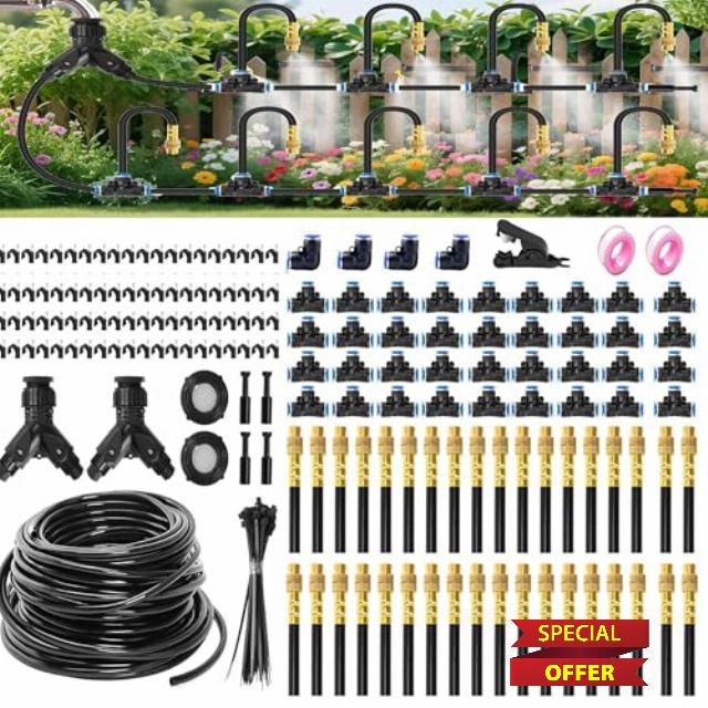 Drip Irrigation System with Brass Nozzles – 2026 Upgrade 200FT Garden Watering Kit with 36Pcs 360° Adjustable Misting Sprinklers Quick Connect Fittings for Raised Beds