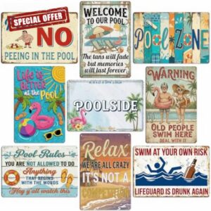 Hicarer 9 Pack Pool Signs Decor for Outside Funny Pool Rules Wall Decor 12 x 8 in Poolside Metal Tin Welcome to Our Pools Sign for Outdoor Backyard Patio Bar Beach 4 Holes for Hanging