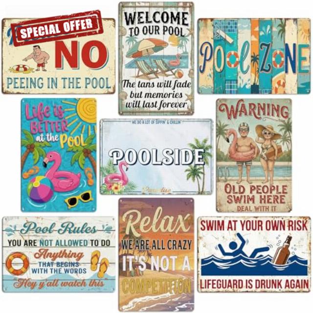 Hicarer 9 Pack Pool Signs Decor for Outside Funny Pool Rules Wall Decor 12 x 8 in Poolside Metal Tin Welcome to Our Pools Sign for Outdoor Backyard Patio Bar Beach 4 Holes for Hanging