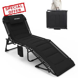 Oversized Padded Outdoor Folding Lounge Chair for Adults 330Ibs Patio Chaise Lounge Chair for Outside 5-Position Adjustable Reclining Beach Chair with Pillow Pocke